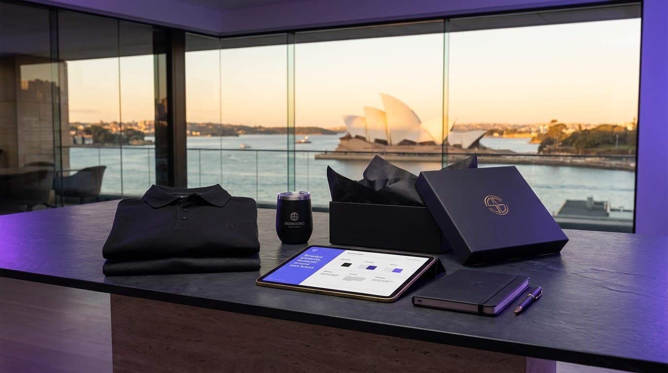 Brand merchandising — a branded digital signage and reception display panel printed to a Sydney company's brand book, delivered as part of a single-source Bizkook rollout