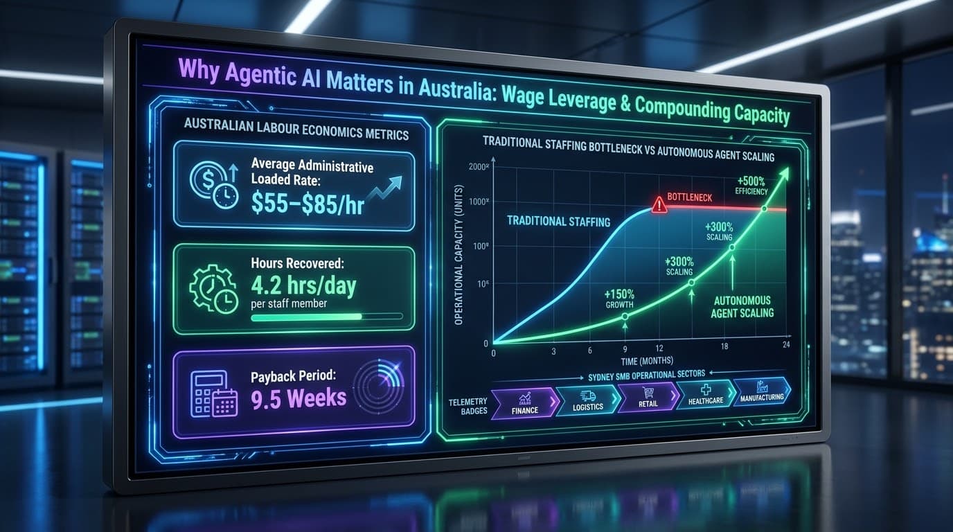 Agentic AI cost Australia — wage-leverage and compounding-capacity dashboard showing an average administrative loaded rate of AUD $55 to $85 per hour, 4.2 hours per day recovered per staff member, and a 9.5-week payback period, against a chart of traditional staffing bottleneck versus autonomous agent scaling across finance, logistics, retail, healthcare and manufacturing