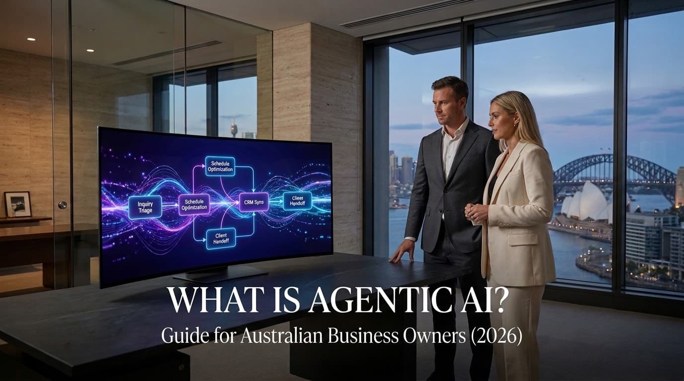 Agentic AI Australia — two Sydney business leaders reviewing an agentic AI workflow (inquiry triage, schedule optimisation, CRM sync, client handoff) on a large screen, with the Sydney Opera House and Harbour Bridge in the background