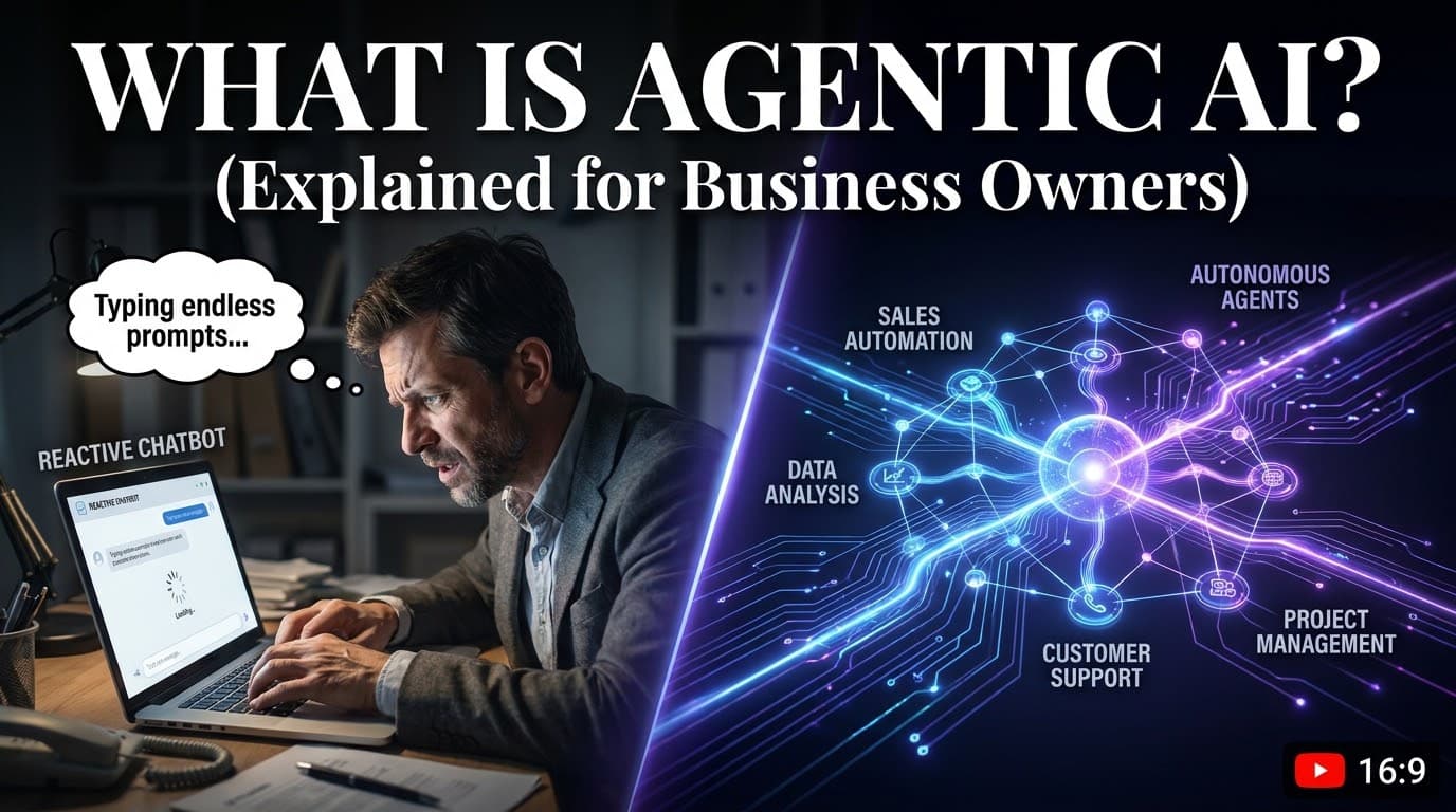 What is agentic AI explained for business owners — video cover contrasting a reactive chatbot on a laptop with an autonomous agentic AI network handling sales automation, customer support, data analysis and project management