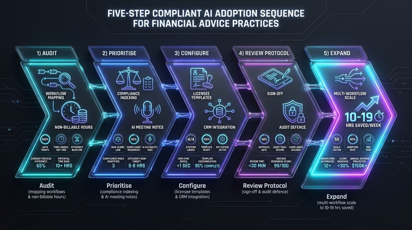 Five-step compliant AI adoption sequence for financial advice practices — audit workflow mapping, prioritise compliance indexing, configure licensee templates, review protocol sign-off, and expand to multi-workflow scale saving 10 to 19 hours per week per adviser
