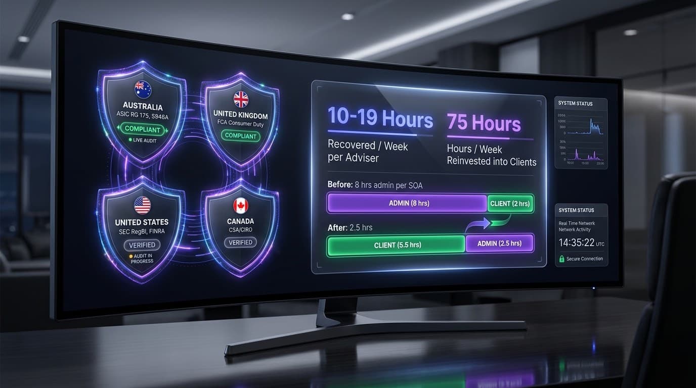 Multi-jurisdiction financial adviser compliance dashboard verifying regulatory status across Australia (ASIC RG 175, S946A), United Kingdom (FCA Consumer Duty), United States (SEC RegBI, FINRA), and Canada (CSA CIRO), with 10 to 19 hours per week recovered per adviser and 75 hours per week reinvested into client-facing time
