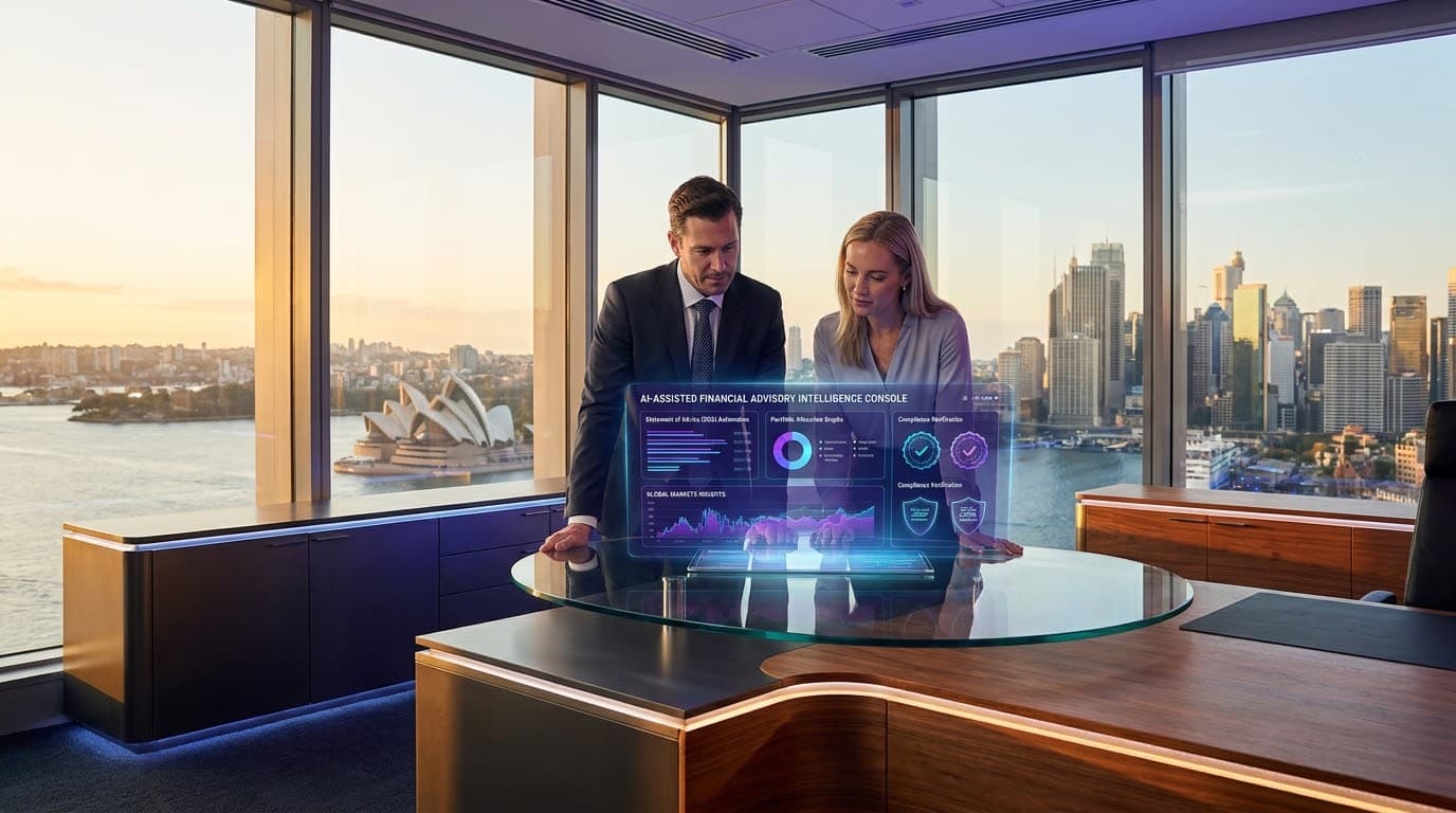 AI for financial advisers — two advisers reviewing an AI-assisted advisory intelligence console at a Sydney harbour office, with the Opera House visible in the background