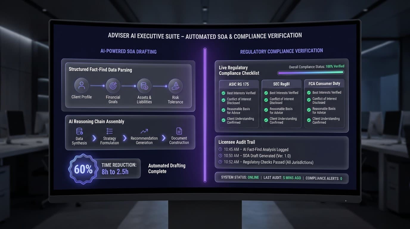AI statement of advice generator dashboard showing structured fact-find data parsing, AI reasoning chain assembly with 60 percent SOA drafting time reduction from eight hours to two and a half hours, and live regulatory compliance verification across ASIC RG 175, SEC RegBI, and FCA Consumer Duty