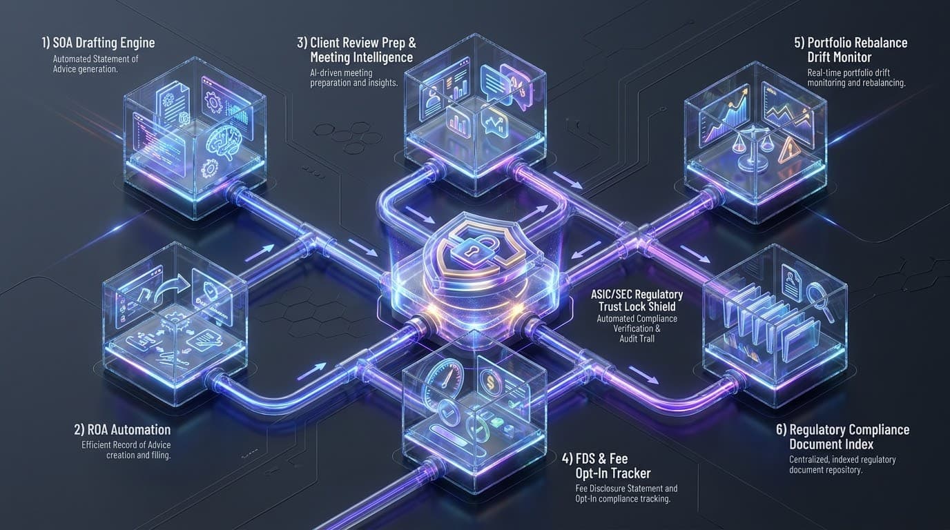 Six AI workflows for financial planners — architecture diagram connecting SOA drafting engine, ROA automation, client review prep and meeting intelligence, FDS opt-in tracker, portfolio rebalance drift monitor, and regulatory compliance document index through a central ASIC/SEC regulatory trust lock shield