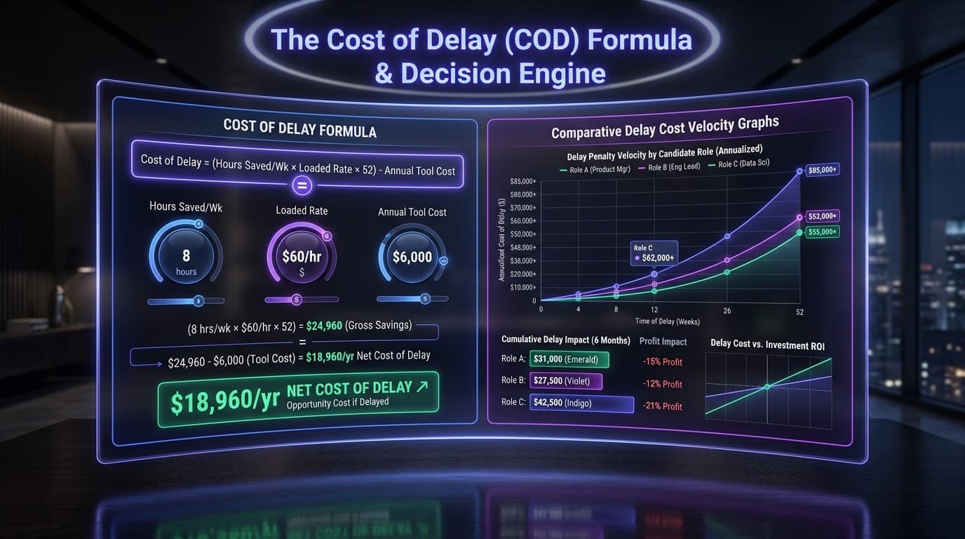 Which AI tool to use first for business — the cost of delay (COD) formula worked through visually: hours saved per week × loaded hourly rate × 52 minus annual tool cost, with the 8-hours × $60/hr × 52 = $24,960 example resolving to an $18,960 per year net cost of delay, alongside comparative delay-cost velocity graphs across three candidate roles