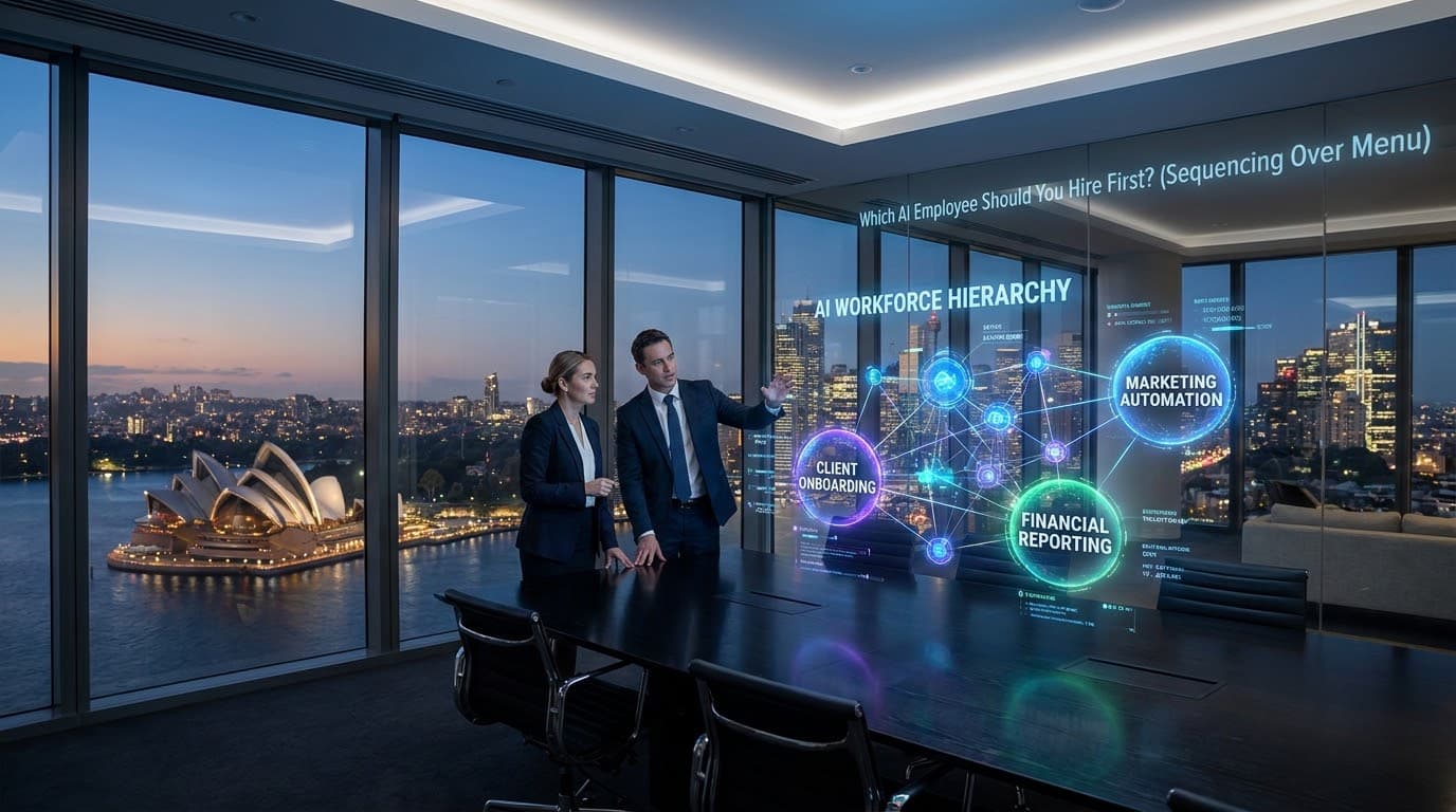 Which AI employee should you hire first — two Sydney business leaders reviewing an AI workforce hierarchy diagram with Marketing Automation, Client Onboarding and Financial Reporting as the top-ranked first-hire candidates