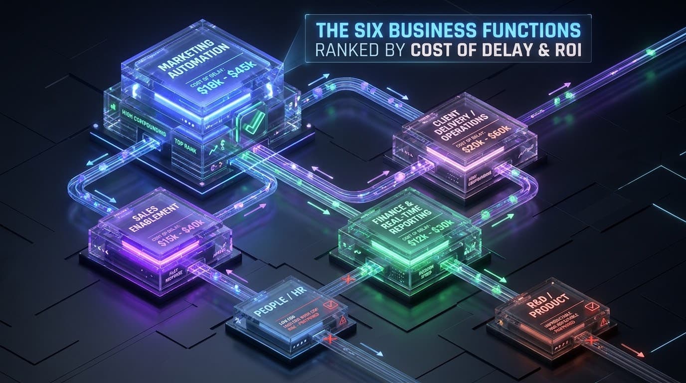 First AI hire small business — the six business functions ranked by cost of delay and ROI: Marketing Automation ($18k–$45k, top rank, high compounding), Client Delivery / Operations ($20k–$60k), Sales Enablement ($15k–$40k), Finance & Real-Time Reporting ($12k–$30k), People / HR (low COD, postpone), R&D / Product (unpredictable, postpone)