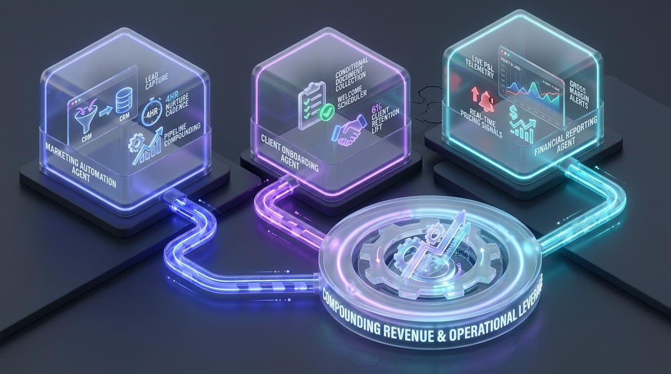 AI business automation priorities Australia — the three compounding AI employees for a first hire: a Marketing Automation Agent (lead capture, 4-hour nurture cadence, pipeline compounding), a Client Onboarding Agent (conditional document collection, welcome scheduler, 6% client retention lift), and a Financial Reporting Agent (live P&L telemetry, real-time pricing signals, gross-margin alerts) — all feeding into a compounding revenue and operational leverage layer