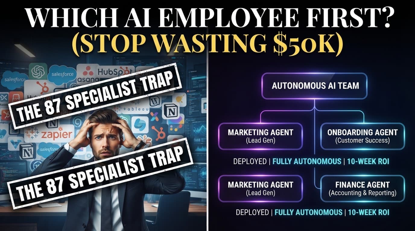 Which AI employee first — video cover contrasting the 87-specialist trap (an overwhelmed business owner in front of a wall of AI tool logos) with an autonomous AI team of Marketing, Onboarding and Finance agents deployed and delivering ROI in 10 weeks
