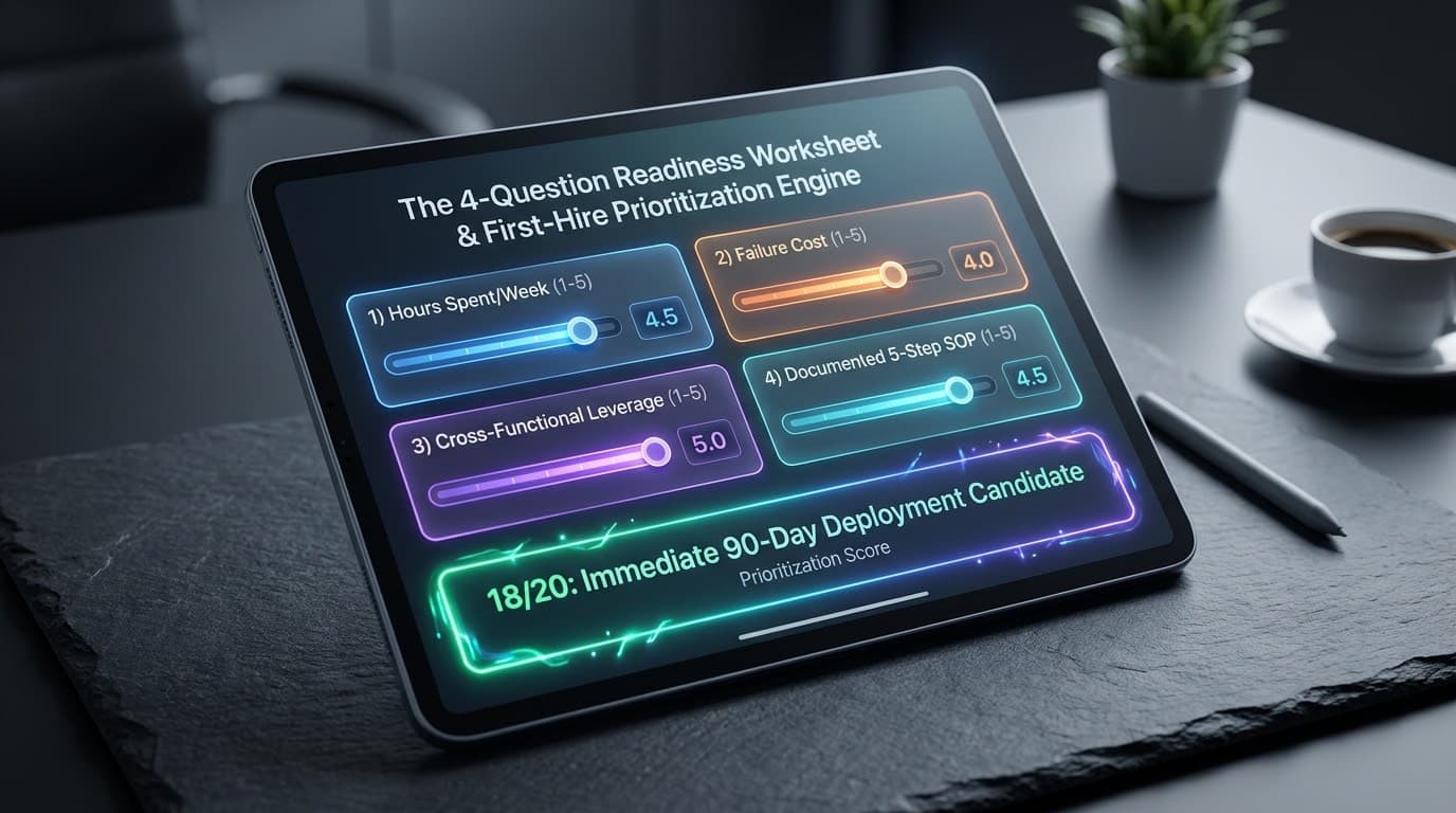 Which AI employee should you hire first — the four-question readiness worksheet displayed on a tablet: hours spent per week (score 4.5), failure cost (4.0), cross-functional leverage (5.0), and documented 5-step SOP (4.5), resolving to a 18/20 prioritisation score flagged as an immediate 90-day deployment candidate
