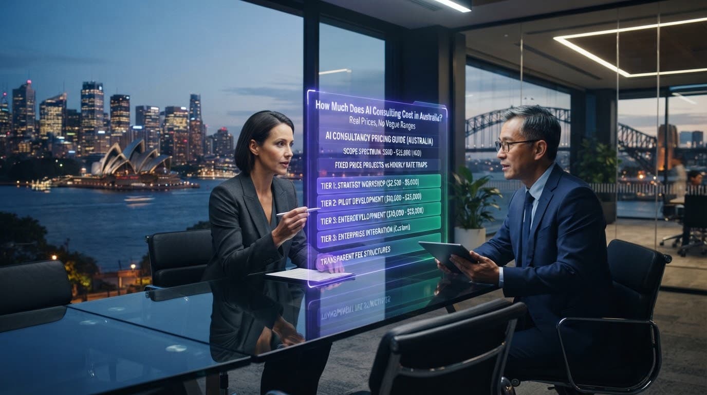 How much does AI consulting cost — Sydney harbour boardroom scene of an Australian AI consultant walking a business owner through an AI consulting cost Sydney pricing guide covering assessment, build, and enterprise integration tiers, with Sydney Harbour Bridge and Opera House visible