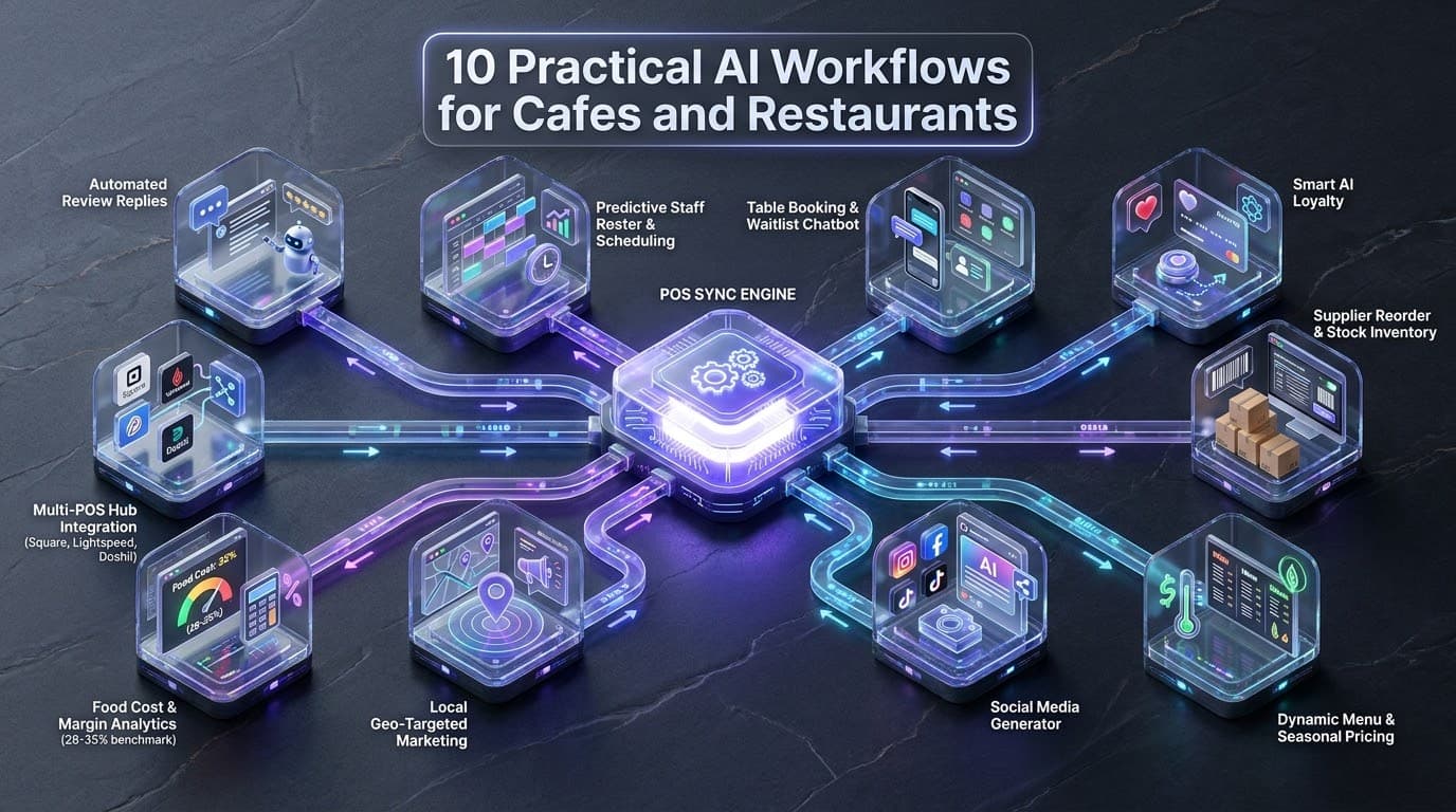 Automated restaurant review replies workflow — AI drafting personalised responses to Google Business Profile and TripAdvisor customer reviews for an independent cafe, with sentiment analysis matching brand voice and Doshii-connected Square and Lightspeed POS review aggregation