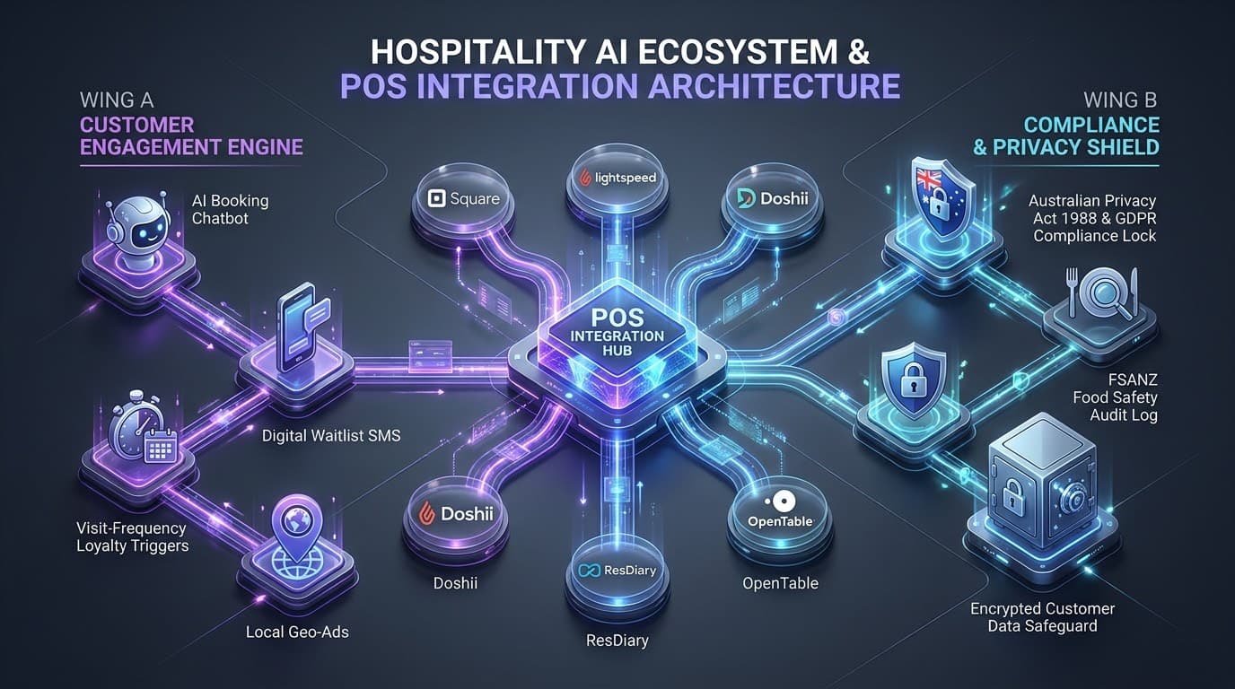 AI staff scheduling for restaurants — hospitality manager reviewing a 7shifts-style automated roster suggestion built from historical Square POS sales data and upcoming booking numbers, with casual staff shift coverage weighted for a Friday and Saturday hospitality surge